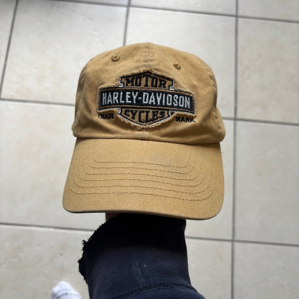 Harley-Davidson Motor Cycles Distressed Logo Baseball Cap Tan Yellow Dad Hat